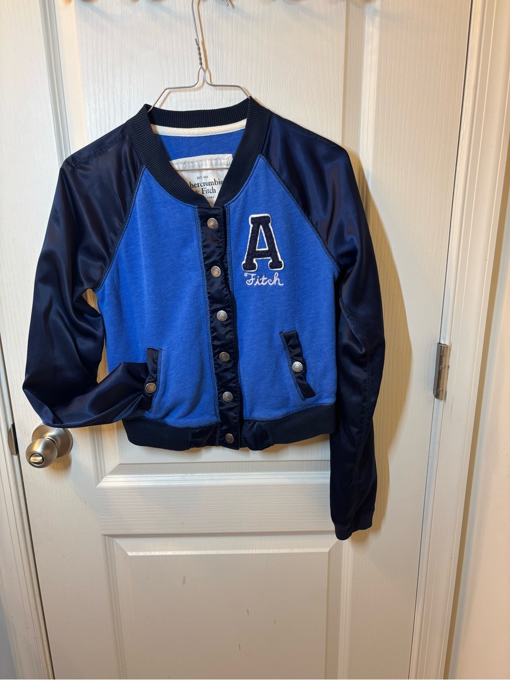 Abercrombie & Fitch Varsity Club Bomber Jacket Womens S Blue Satin Y2K A&F